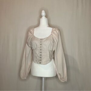 Japna Women's Cream Long Sleeve Corset Top Puffy SleevesHook & Eye Front Closure